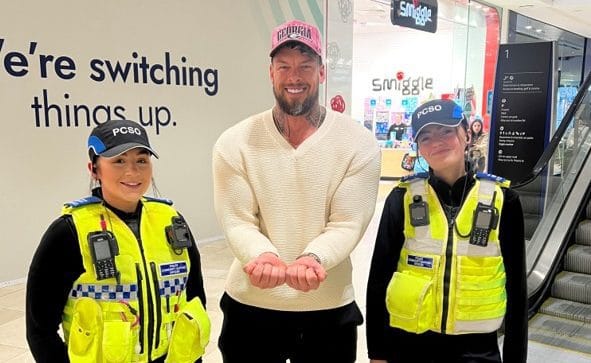 City centre patrol: PCSOs Broster and Saxton share a moment with Gladiators star “Giant” during a busy day of action. City centre patrol: PCSOs Broster and Saxton share a moment with Gladiators star “Giant” during a busy day of action.