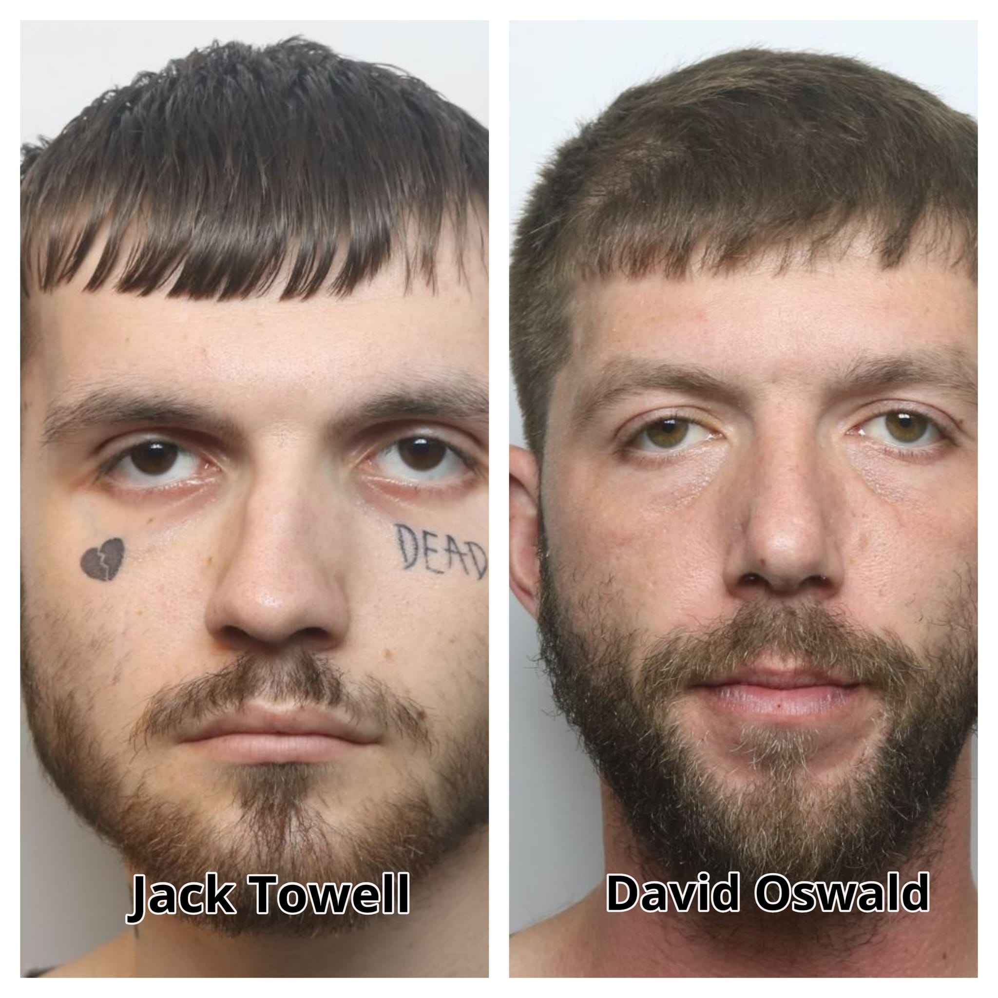 Jack Towell and David Oswald, arrested in connection with the brutal murder of Owen Fairclough, whose throat was slit and body discarded last year. Jack Towell and David Oswald, arrested in connection with the brutal murder of Owen Fairclough, whose throat was slit and body discarded last year.