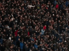 Derby County away fans erupt after Yates’ header levels the match against Preston.